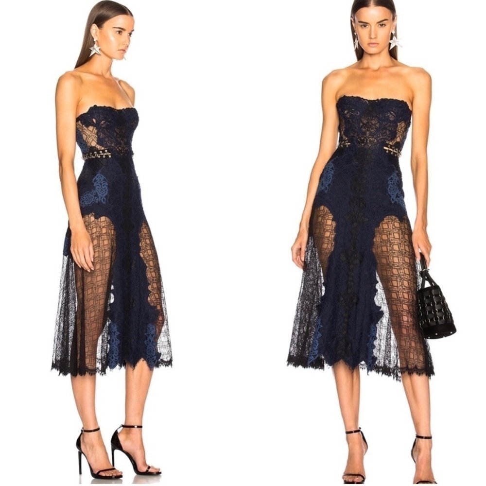 NWT Jonathan Simkhai Grommet Lariat Lace Bustier Midi Dress Strapless Blue 6